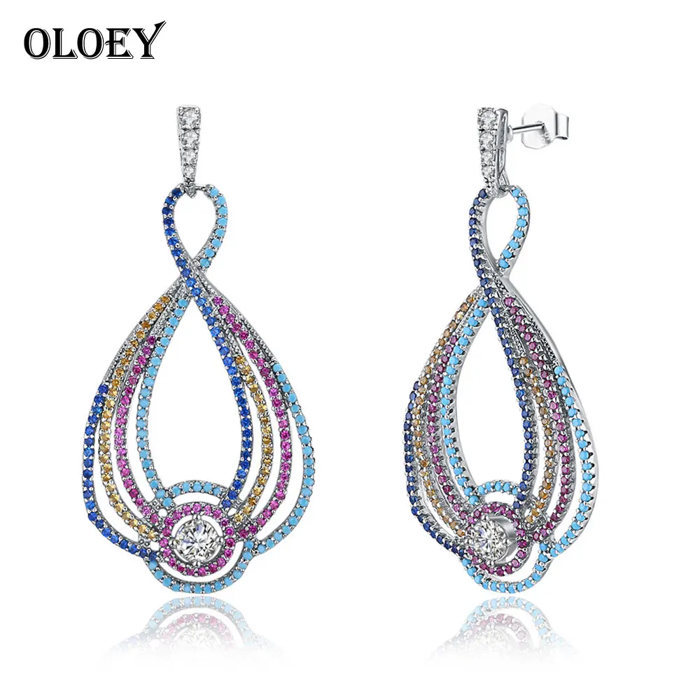

OLOEY Colorful Zircon Water Drop Dangle Earrings For Women 925 Sterling Silver Ethnic Earring Brinco Fine Jewelry Gift YME015