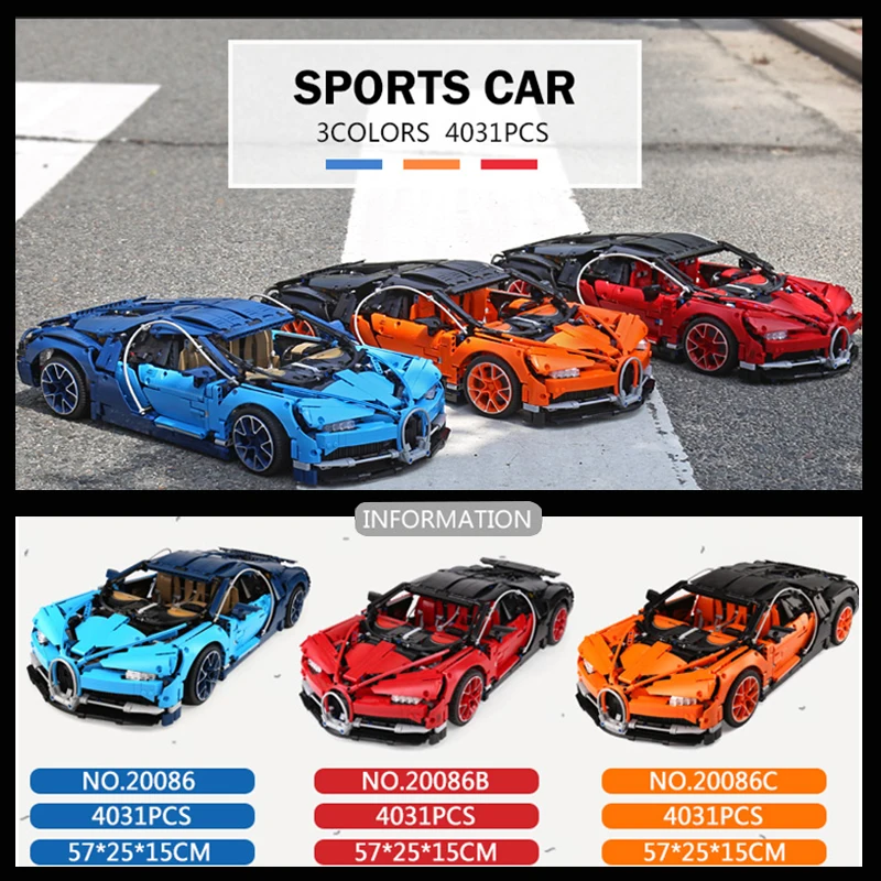 New Lepin 20086 Technic Series Bugatti Supercar Racing Blue Chiron Building Blocks Bricks Toy Compatible 42083 Children Gift