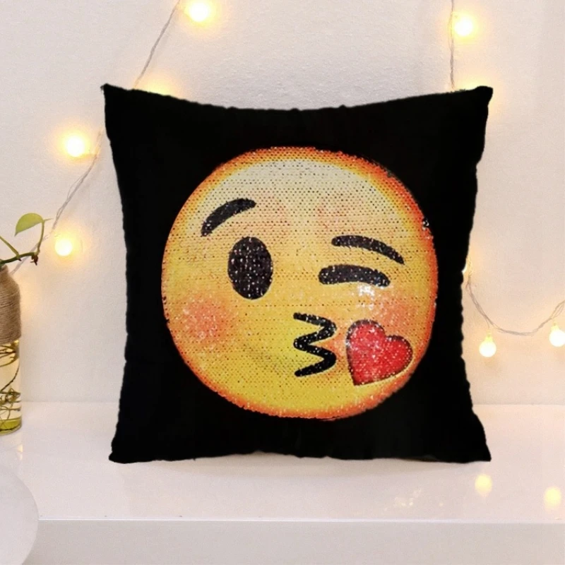 Reversible Sequin Emoji Cushion Cover Decorative Changing Smiley