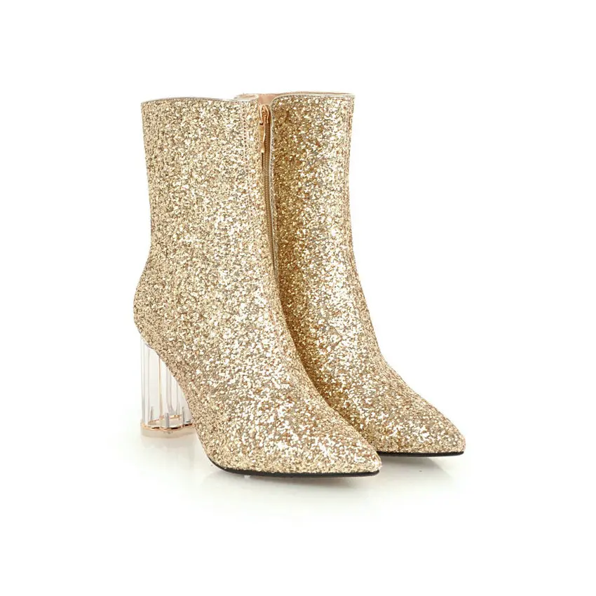 QUTAA Transparent Square Heel Zipper Ankle Boots Sequins PU Leather Sexy Pointed Toe Autumn Winter Women Shoes Size 34-43