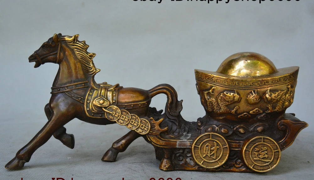 

11" Chinese Bronze Gilt 12 Zodiac Year Horse Vehicle Yuan bao Coin Wealth Statye