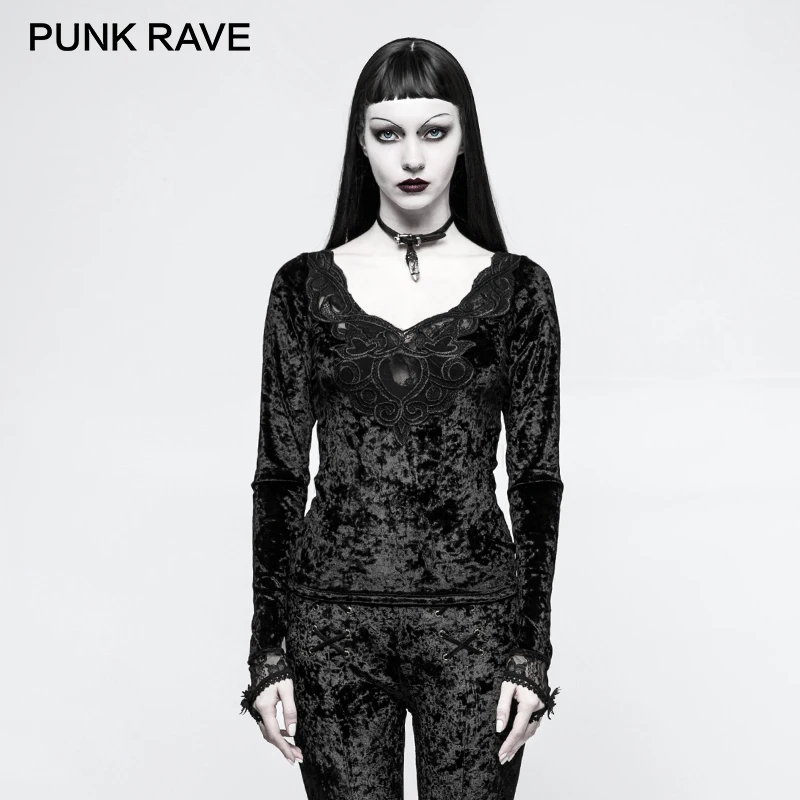 

PUNK RAVE Gothic Velvet Fancy Snowflakes Ladies Long Sleeves Shirts Embroidery Lace Elastic Ribbon Leather Flower T-shirt Woman