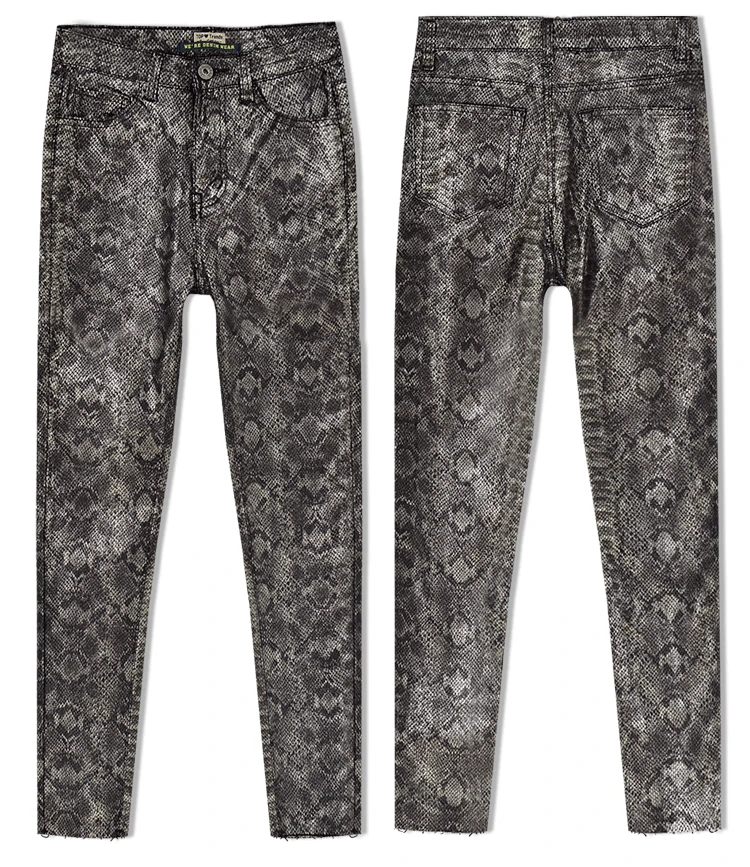 Женская высокая талия осень и зима новые эластичные с покрытием Золотой змеиной узор искусственная кожа брюки PU джинсовые ноги брюки