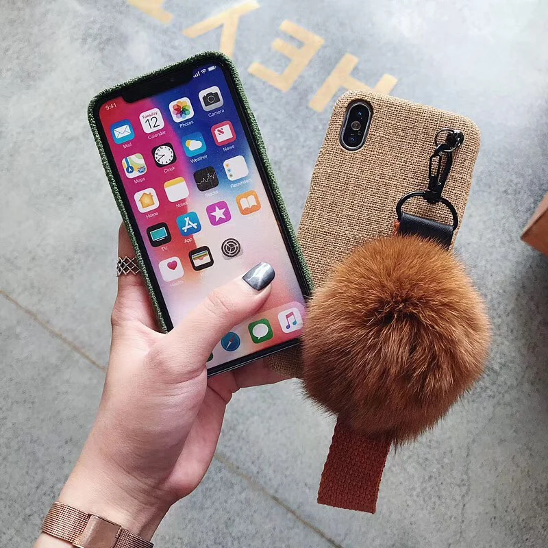 Чехол с меховым шариком и ремешком для iPhone XS XR XSMAX чехол теплая ткань мягкая