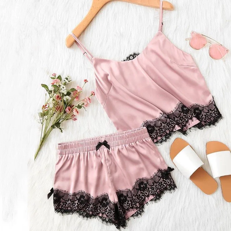 

Women Sexy Lingerie 2019 New Summer Sexy Babydoll Sleepwear Satin Lace Spaghetti Strap Cami Top+Shorts Nightdress Pajama Set