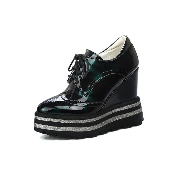ANNYMOLI/женские туфли-лодочки; Дизайнерская обувь на танкетке; туфли-лодочки на очень высоком каблуке со шнуровкой; коллекция года; сезон весна; женская обувь; большие размеры 33-42 - Цвет: Зеленый