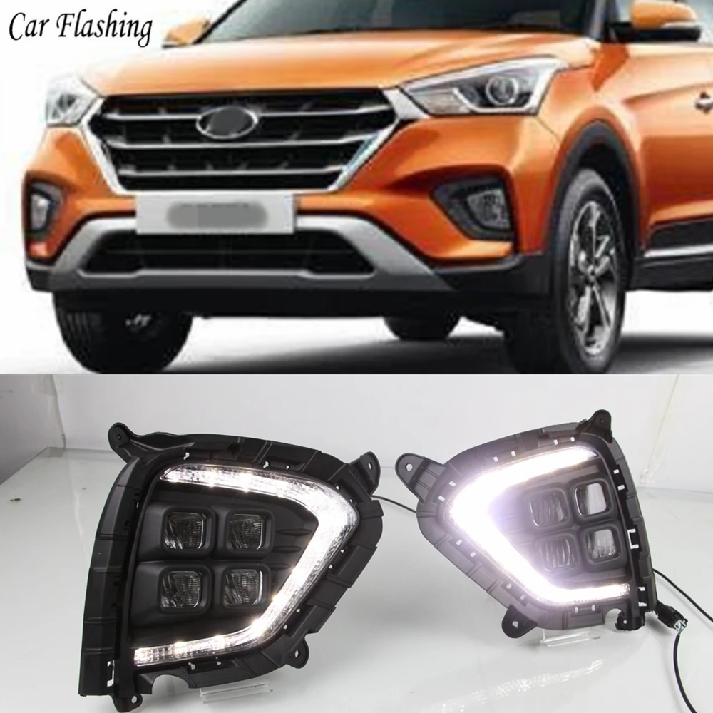 1 пара DRL для индийского hyundai Creta IX25 Светодиодный дневной ходовой светильник противотуманная фара индийская версия с желтым сигналом