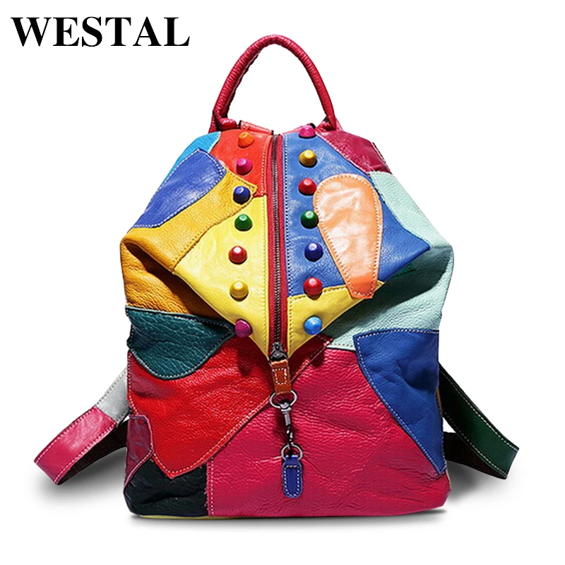 

WESTAL Colorful Women Backpack Genuine Leather Backpack Famous Brand Lady Leather Laptop Backpacks School Bag for teenage girls