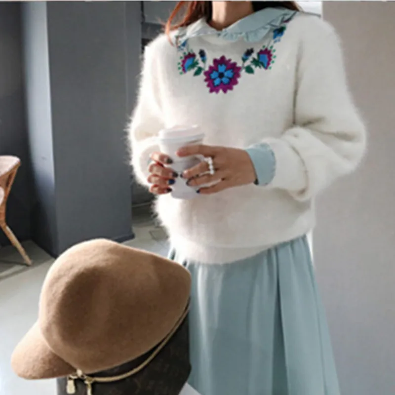 

2019 Winter High quality Runway Loose mohair flower embroidery sweater Thicken warm women sweaters and pullovers