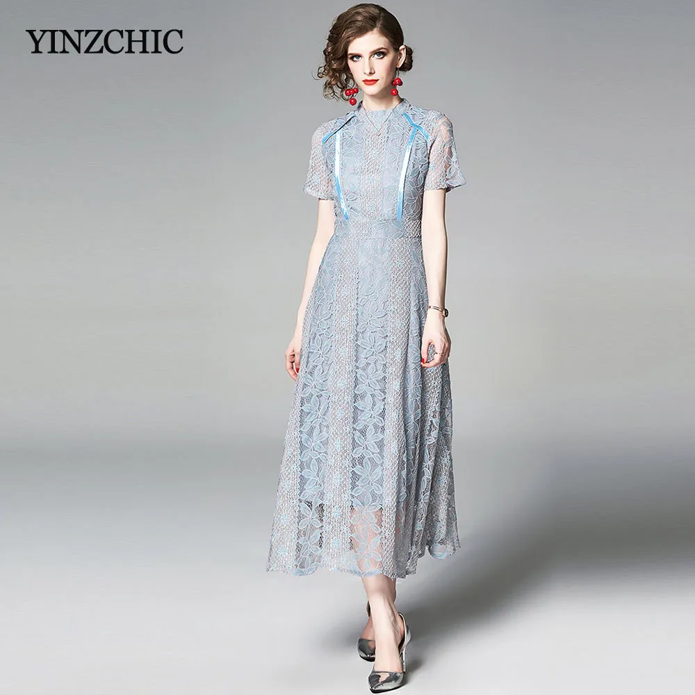 

Vintage Woman Summer Lace Dress O-neck Short Sleeve Elegant Party Dress Woman OL Slim A-line Dress Floral Hollow-out Dress Woman