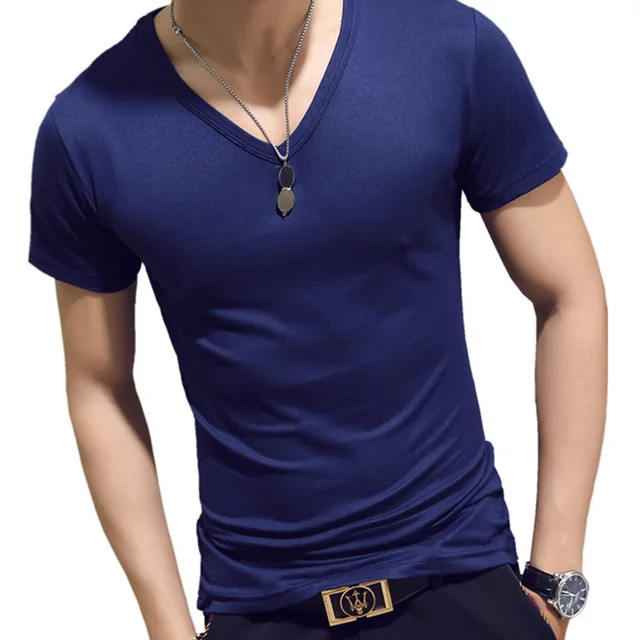 New Summer Men T Shirt Fitness Slim Short Sleeve V Neck Light Blue T ...