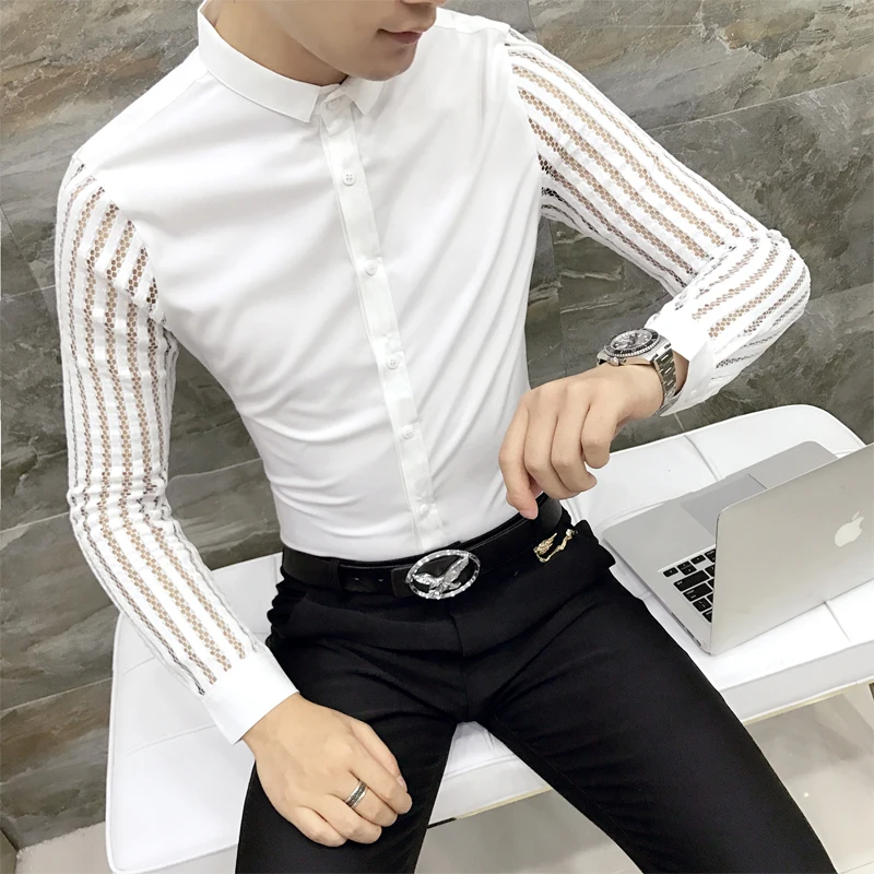 Kopen Mannen Shirt 2019 Spring Hollow Kant Patchwork Lange Mouw Mannen Streetwear Heren Shirts Casual Slim Fit Night Club Jurk smoking