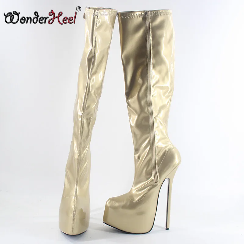 Wonderheel/женские сапоги высотой до колен на 20/23-сантиметровом каблуке, лакированный верх, очень высокий каблук, соблазнительные женские сапожки на платформе, модные зимние сапожки