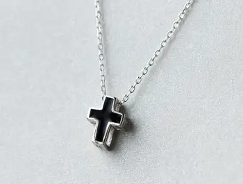 

Real. 925 Sterling-Silver-Jewelry Black Enamel Tinny /small Cross Pendant Necklace GTLX690