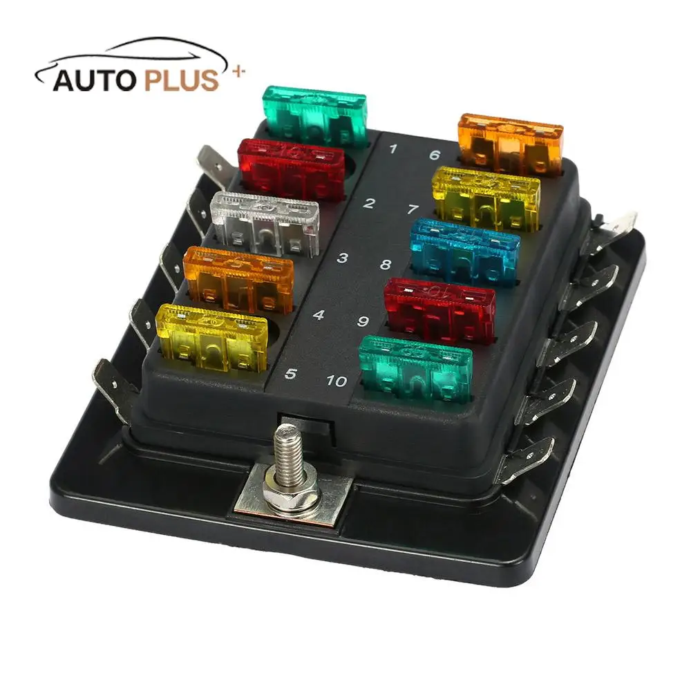 10 Way Blade Fuse Box Holder with Plastic Cover M5 Stud