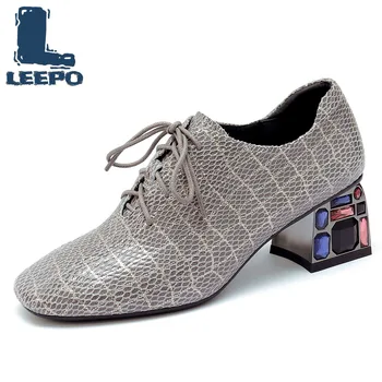 

Women Pumps Autumn Spring Genuine Leather Square Heel Brogues Ladies Lace-Up Pumps Woman Square Toe Party Shoes Oxfords