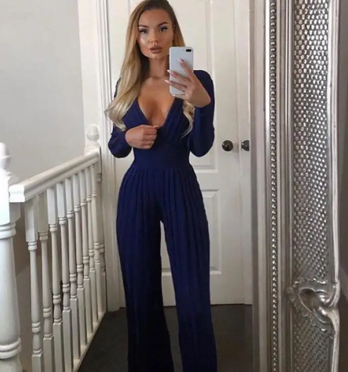 High Quality Deep Blue Long Sleeve V-neck Rayon Bandage Jumpsuit Sexy Evening Party Jumpsuit (4)