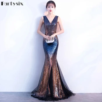 

Partysix V-neck Long Sequin Dresses Sexy Evening Party Dress 2019 New Arrive