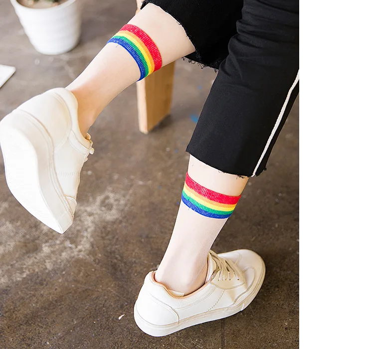 Ins Style Fashion Transparent Rainbow Short Socks Women Summer Thin Harajuku Ankle Socks Hipster Art Low Cute Socks Fmale Sox