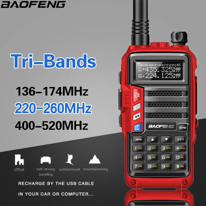 BaoFeng UV-S9 трехдиапазонная 136-174/220-260/400-520 МГц 8 Вт высокомощная портативная рация 10 км дальний радиоприемник CB - Цвет: red
