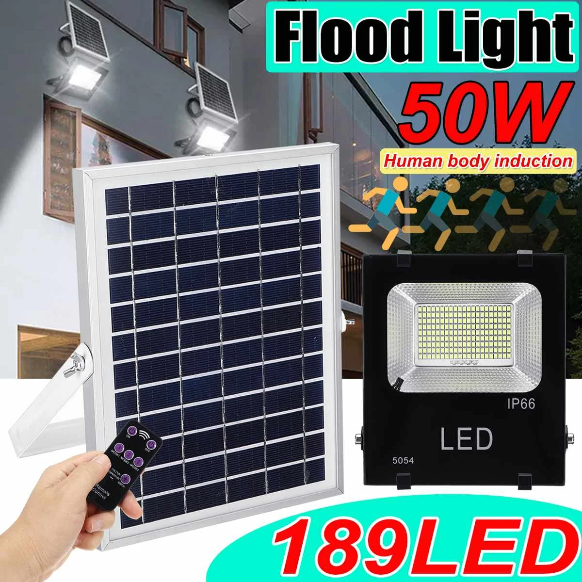 

189 Led Floodlight 50W PIR Motion Solar Power Sensor Solar Light with Solar Panels 3 Modes Outdoor Garden Security Lamp with RC