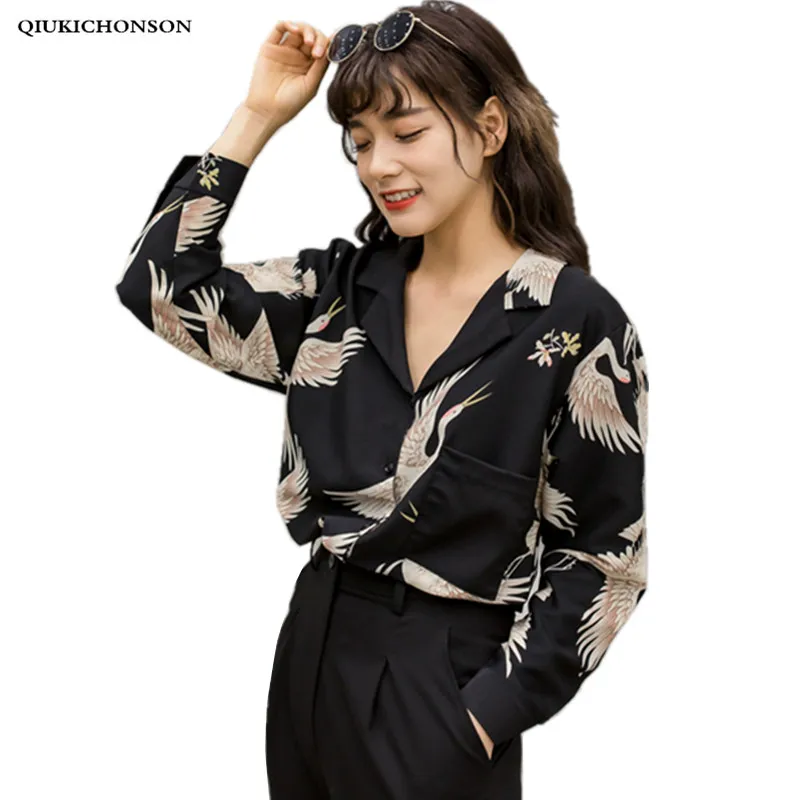 

Harajuku Red-crowned Crane Print Vintage Chiffon Blouse Women Chic Office Ladies Tops Long Sleeve Notched Collar Black Shirts