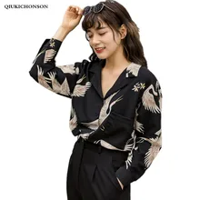 Harajuku Red-crowned Crane Print Vintage Chiffon Blouse Women Chic Office Ladies Tops Long Sleeve Notched Collar Black Shirts chic black polo collar long sleeve blouse for women