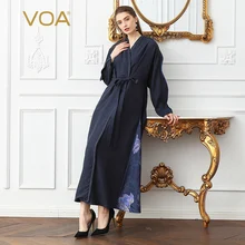 VOA парча шелк размера плюс свободное платье для женщин с длинным рукавом более размера d кимоно цветочный принт Винтаж темно синий Весна поясом A139