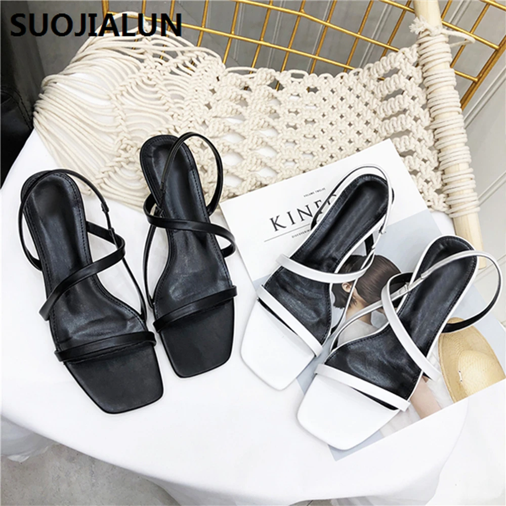 

SUOJIALUN 2019 Women Sandals Summer Narrow Band High Heel Sandals Square Toe Heel Ladies Casual Shoes Gladiator Shoes