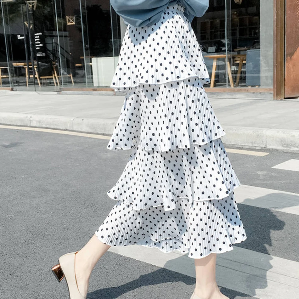 Оборками в горошек многослойная юбка юбка Женский сезон весна-лето Высокая талия ретро супер огонь шифон плиссированные юбки для женщин