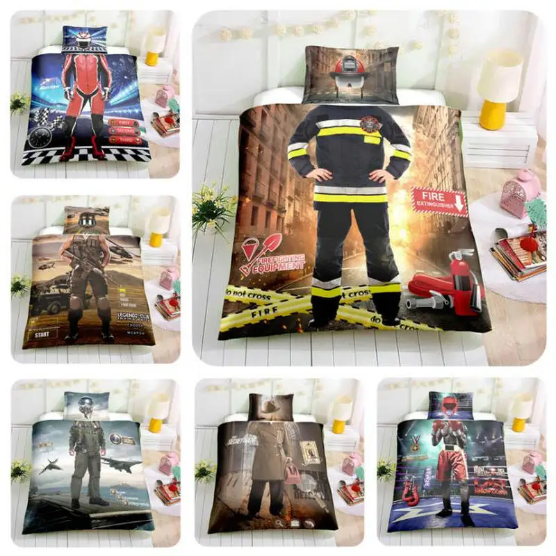 

3D Duvet Cover with Pillow Case Set Racing Driver Firemen Pilot Boxer Bedding Sets for Boys Kids Birthday Gift Home Textile
