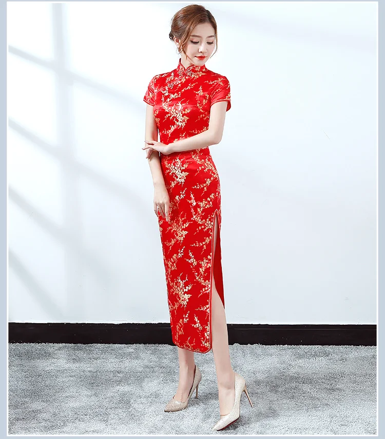 Традиционное Ципао Красная Вышивка Современное женское платье Ципао Китайские Восточные Платья Женская китайская Новогодняя одежда DNV11140