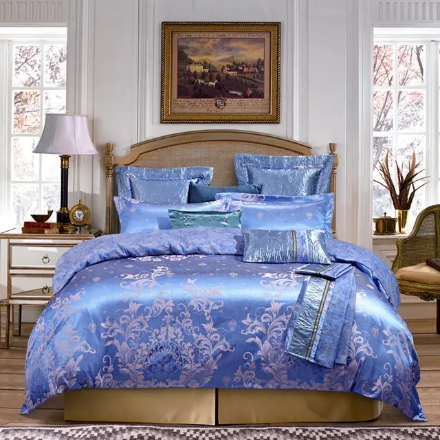 Navy blue luxury floral days silk jacquard bedding tencel cotton tribute silk 4Pcs duvet cover