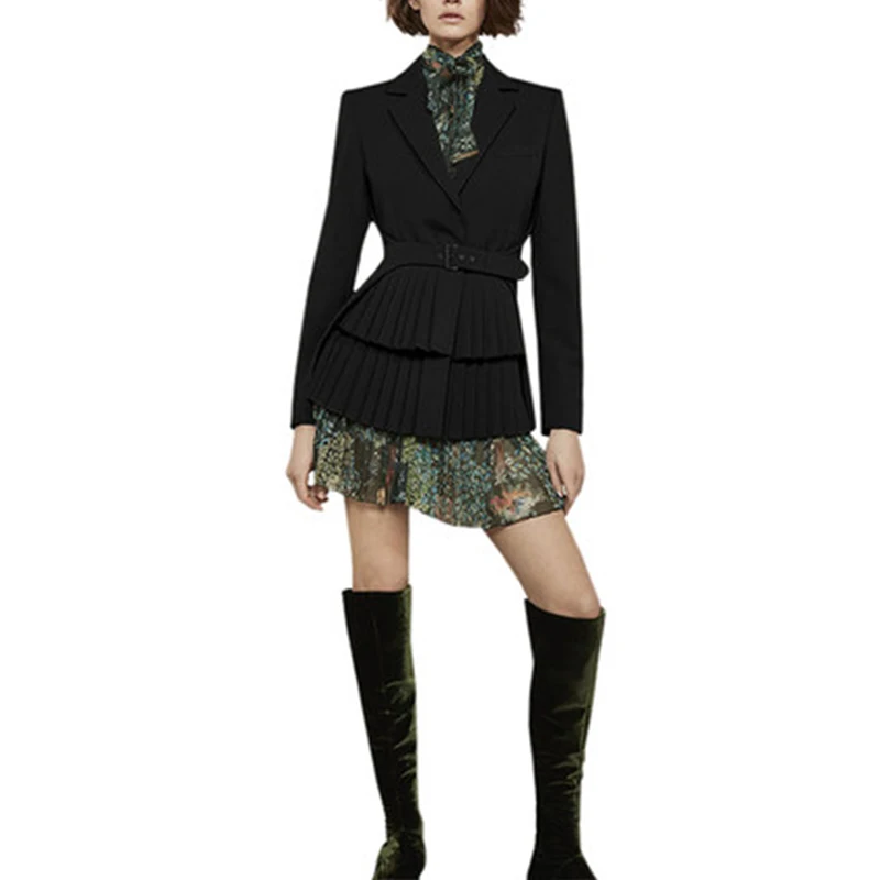 Unique Designing High Street Women Fall Fit Dress Suits Pleated Blazer Floral Printing Dress Runway Slim Twin Sets Outfits