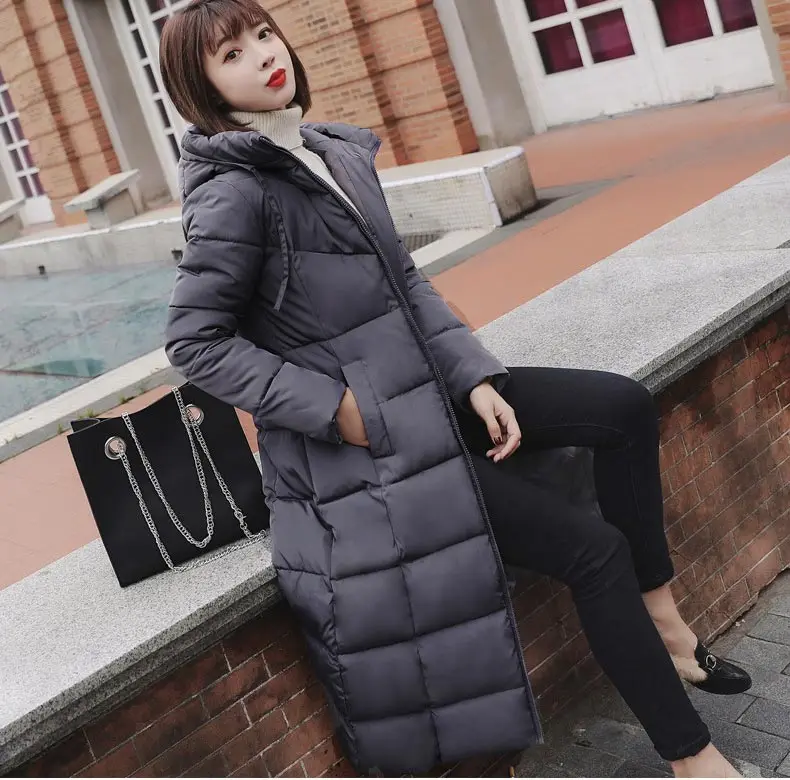 Базовый стиль, однотонный тонкий пуховик с капюшоном для женщин, длинный женский пуховик, водонепроницаемая ветрозащитная зимняя женская куртка размера плюс - Цвет: Grey