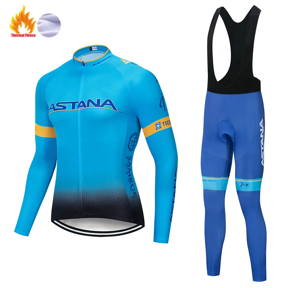 Синяя команда Астаны зимний термальный флис Велоспорт Джерси велосипед брюки набор мужской Ropa Ciclismo 9D Велоспорт Майо Culotte одежда - Цвет: Winter Cycling set