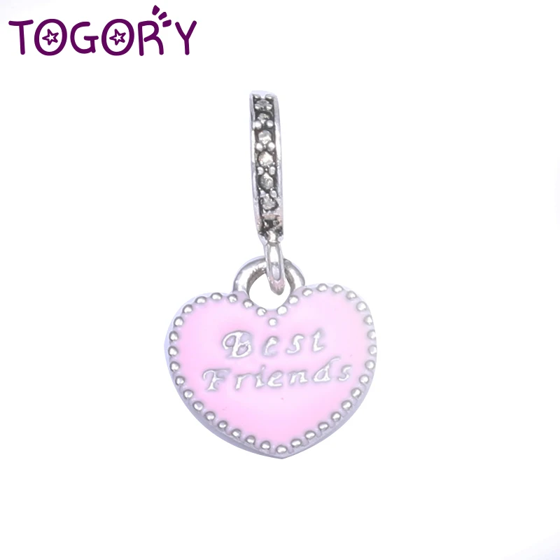 

TOGORY 2 Pcs/lot Big Hole Silver Color Best Friend Love Heart Pendant Charm Fit Pandora Bracelet Necklace Authentic Accessories