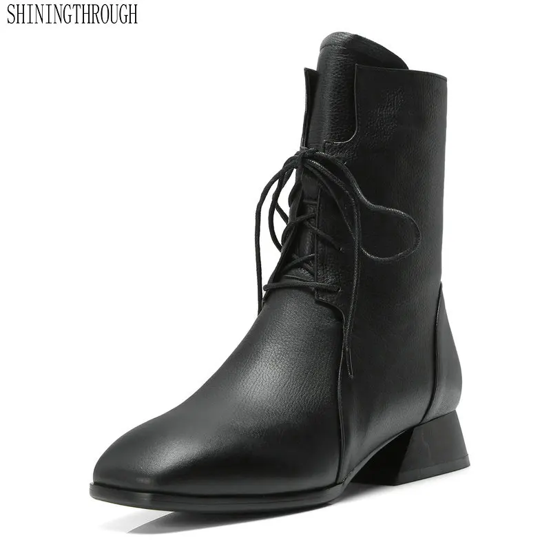 

Black brown Genuine Leather Women Ankle Boots square Toe Low Heels Lace Up Western Boots Basic Party Casual Shoes size 34-42