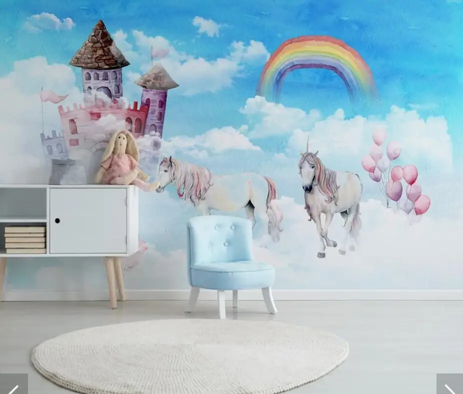 Nordic 3D Unicorn Kids Room Wallpaper Mural Art Wall Decals Mural Paper ...