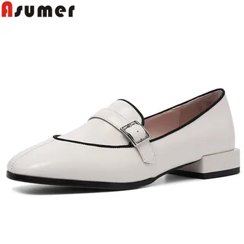 

ASUMER 2020 new pumps shoes women square toe shallow square heels genuine leather shoes casual low heels shoes women