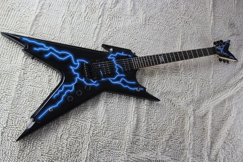 high quality custom flying v black with blue lightning and dean lighting