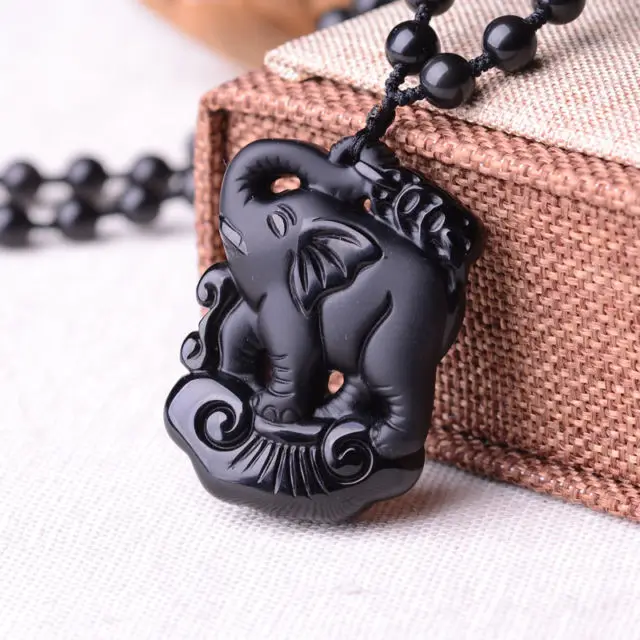 

Elaborate Chinese Collection Obsidian Elephant Auspicious Amulet Necklace Pendant