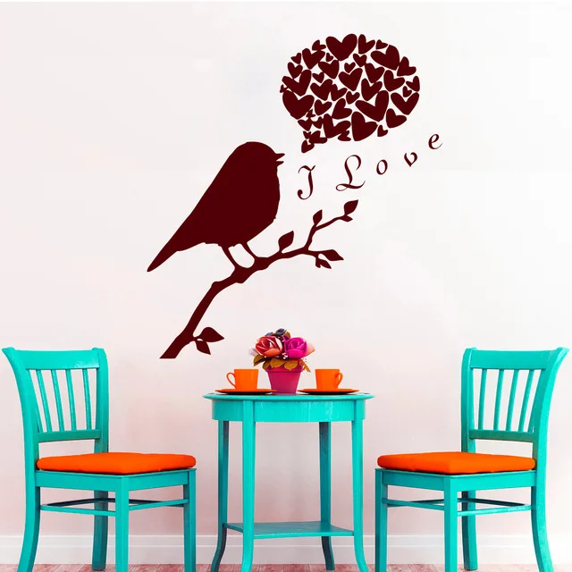 

Cute Bird On The Tree Branch With I Love Quote Wall Decals And Heart Wall Decals For Home Art Decoration Vinyl Wallpaper Y-711