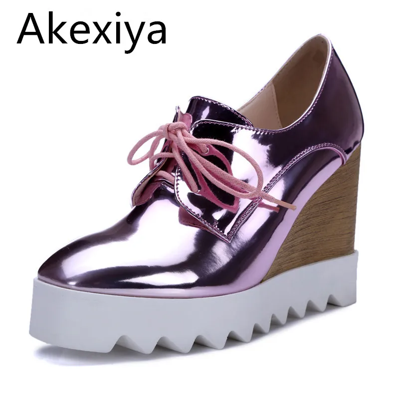 Akexyia Bling Patent Leather Oxfords 2017 Wedges Gold Silver Platform