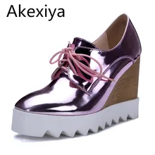 Akexyia Bling Лакированной Кожи Oxfords 2017 Клинья Золото Серебро Туфли На Платформе Женщина Случайные Лианы Розовые Высокие Каблуки Высокое Качество