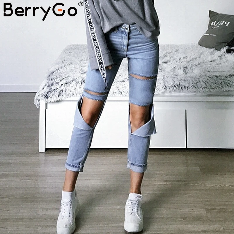 BerryGo рваные женские синие джинсы карандаш летние Классные джинсовые Джеггинсы