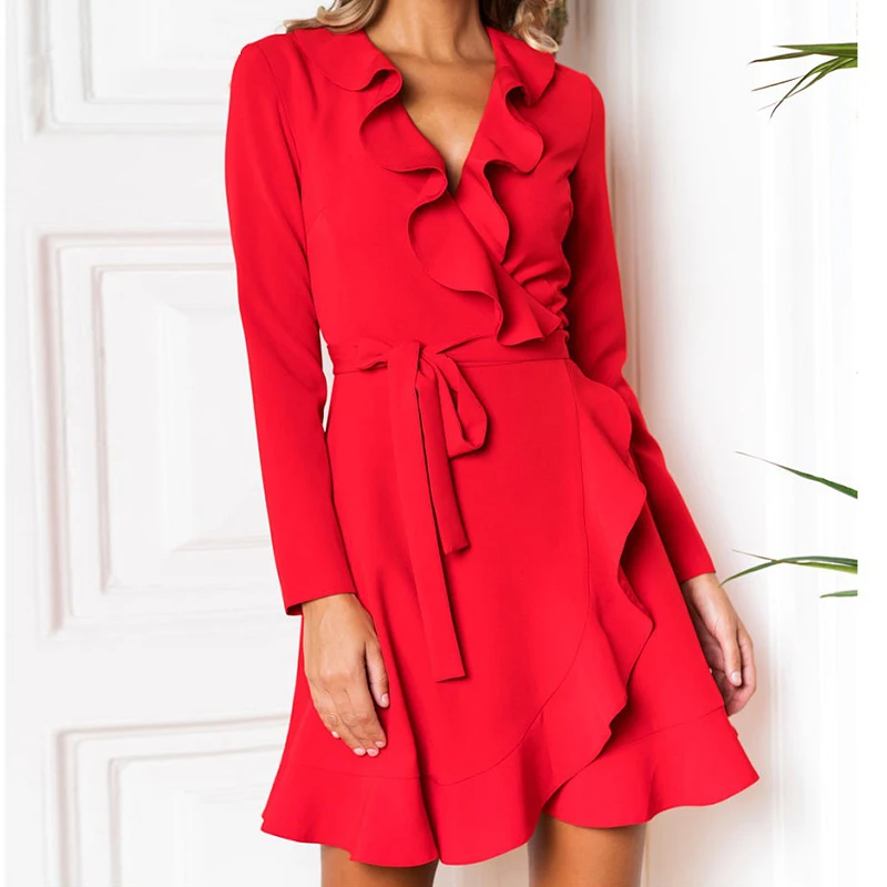 

Red blue ruffle A-line sexy club party dress women vestidos Modis spring summer dresses clothes Wrap dress elegant