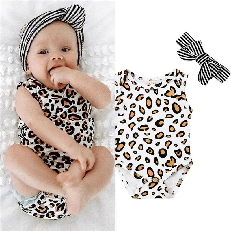 Боди для младенцев; одежда для маленьких девочек; одежда с леопардовым принтом для новорожденных; Боди без рукавов с повязкой на голову;