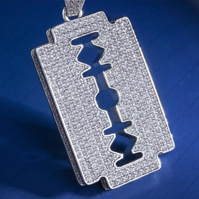 KRKC&CO White Gold Ice Out Double-Edged Razor Blade Pendant Hip Hop Jewelry for amazon/ebay/wish online store for Wholesale