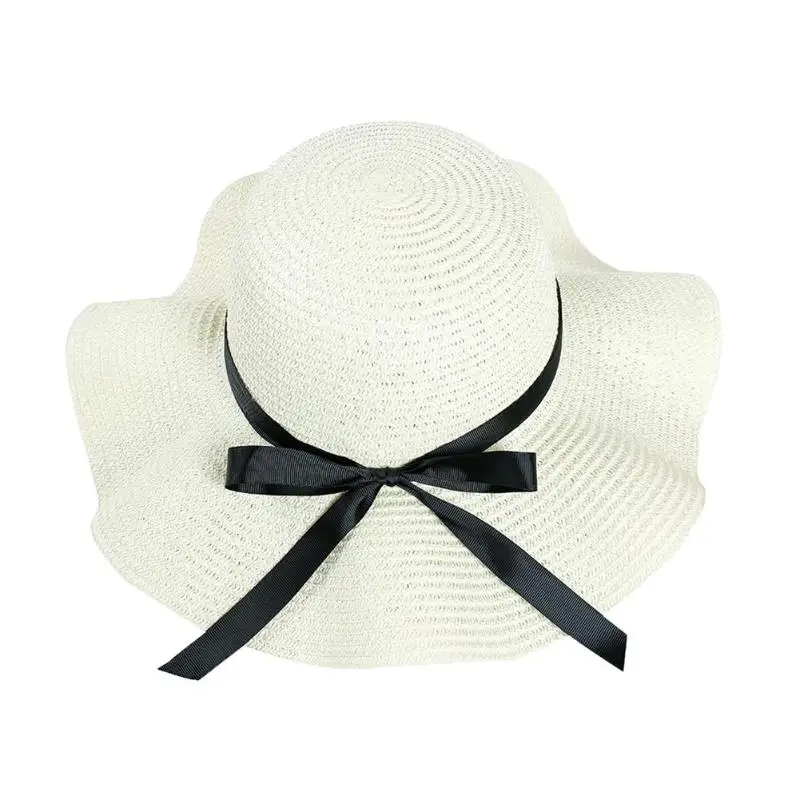 Летняя соломенная шляпа, бант, Декор, волна, Большие Полями, Соломенная шляпка для женщин, пляжный козырек шляпа-Панама - Цвет: Белый